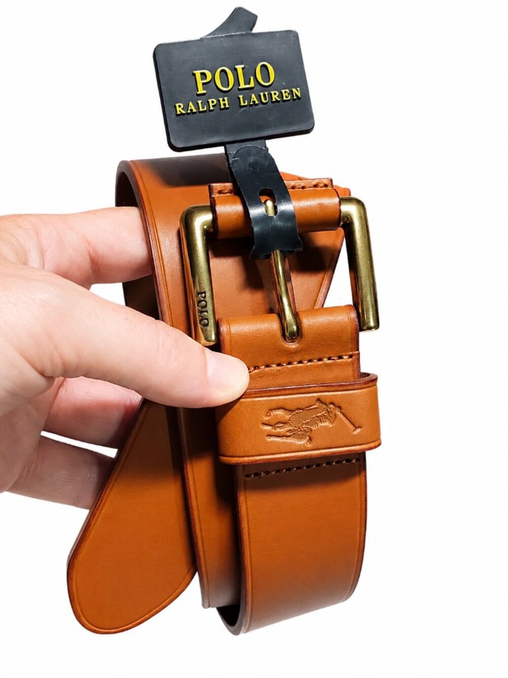 POLO RALPH LAUREN NWT Leather Belt Tan Brass 32 Embossed Pony Logo Dress Office